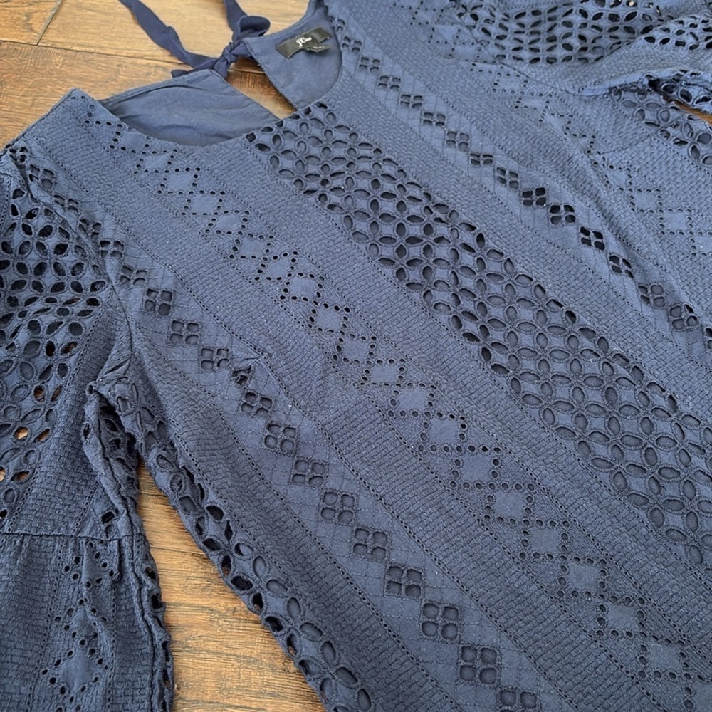 JCrew navy eyelet lace bell flutter sleeve bow dress - Picture 6 of 7